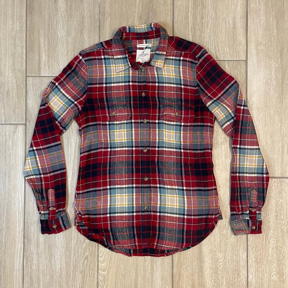 American Eagle Plaid Flannel Shirt Womens S Red Button Up Long Sleeve Cotton